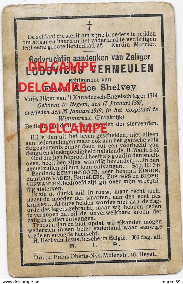 Oorlog Guerre Ludovicus Vermeulen Itegem Soldaat Canadees Leger Gesneuveld Te Wimmereux / FR 1919 HEIST OP DEN BERG - Santini