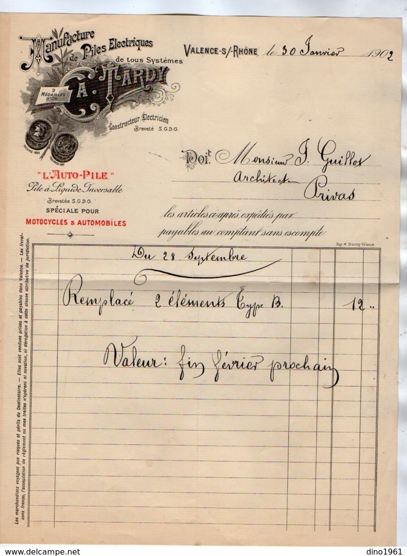 VP17.159 - Facture - Manufacture De Piles Electriques C. TARDY Constructeur Electricien à VALENCE SUR RHÖNE - Electricity & Gas