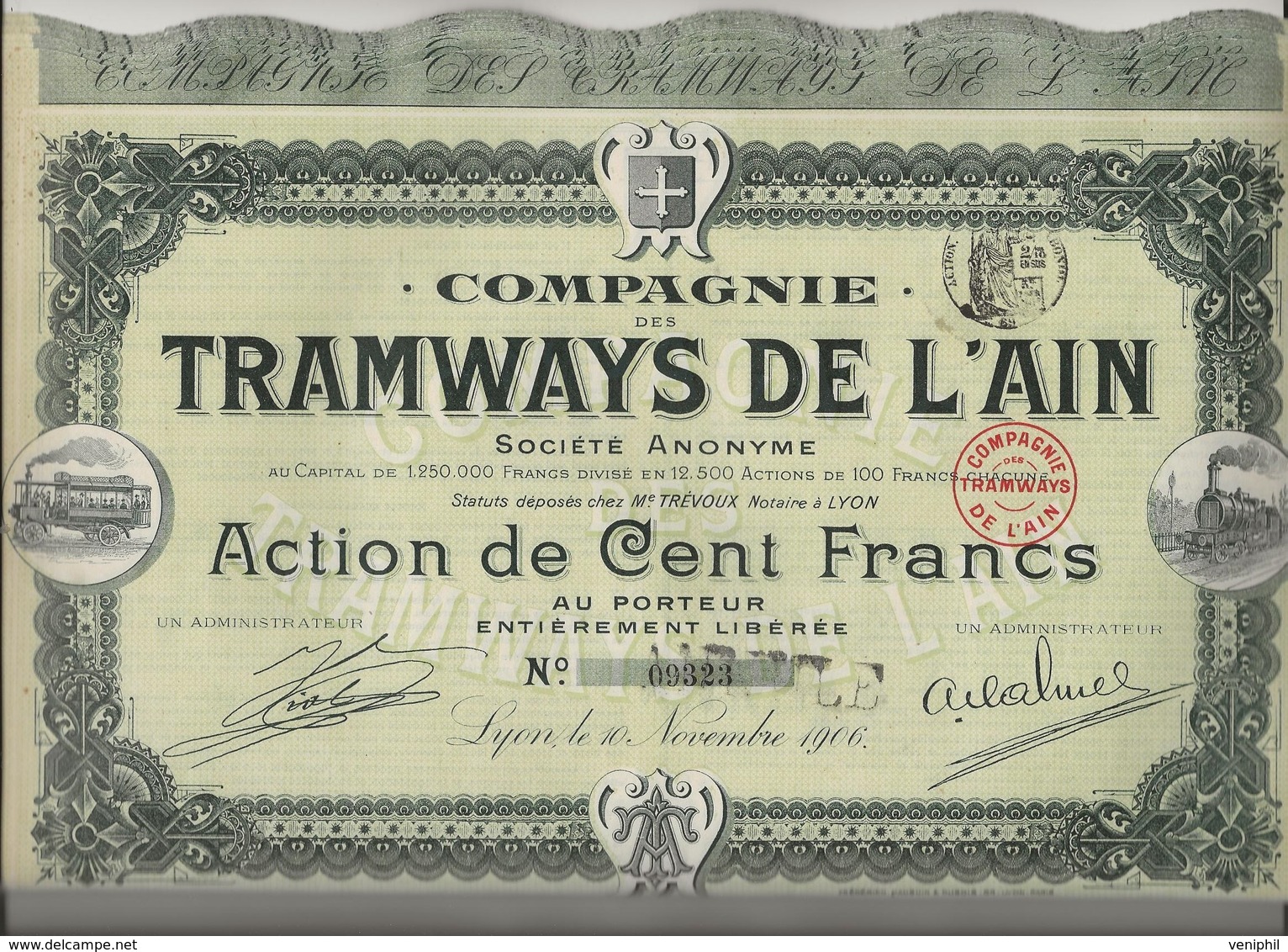 LOT DE 12 ACTIONS DE 100 FRS - COMPAGNIE DES TRAMWAYS DE L'AIN -ANNEE 1906 - Ferrovie & Tranvie