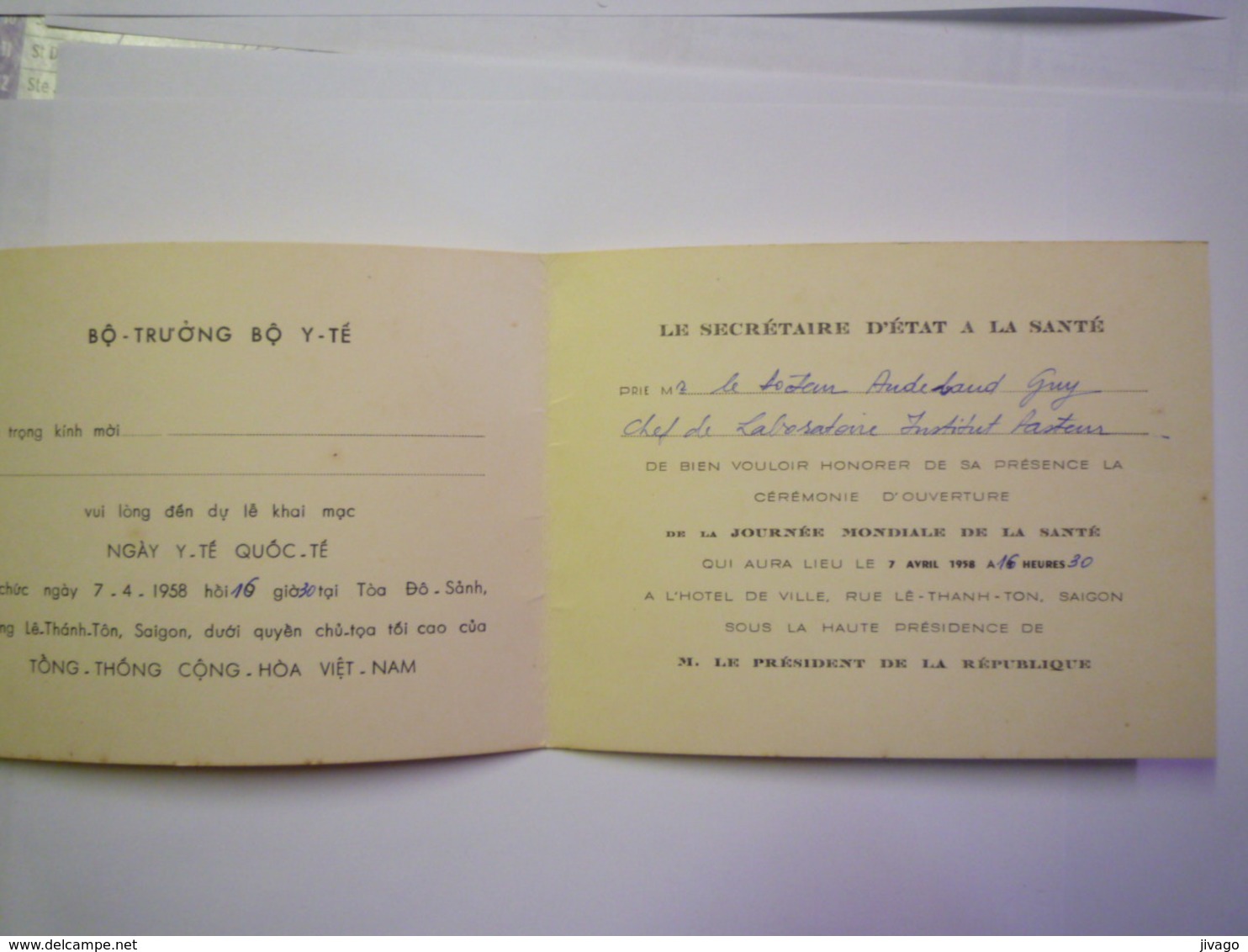 2020 -  5813  SAÏGON  1958  :  INVITATION 3 Volets Du Secrétaire D'Etat à La Santé  (Journée Mondiale De La Santé)   XXX - Non Classés