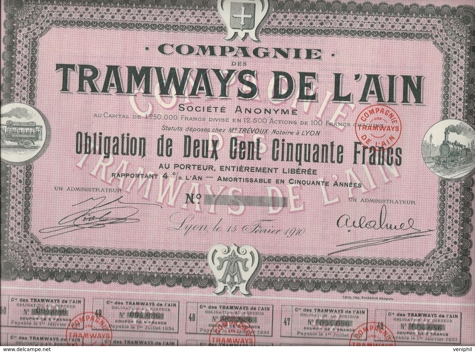 - COMPAGNIE DES TRAMWAYS DE L'AIN - OBLIGATION DE 250 FRS - ANNEE 1910 - Chemin De Fer & Tramway