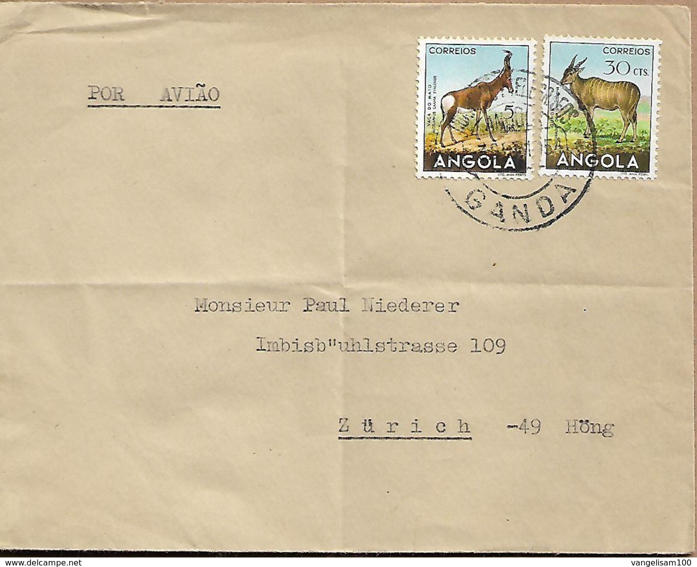 ANGOLA 1954 Cover From Ganda To Zurich 2 Stamp ANIMALS COVER USED - Angola