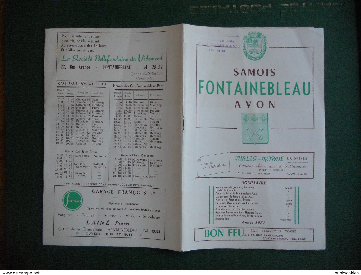 DEPLIANT PUBLICITAIRE FONTAINEBLEAU AVON SAMOIS 1951 AVEC HORAIRES DES TRAINS LEGER PLI SUR L ENSEMBLE - Advertising