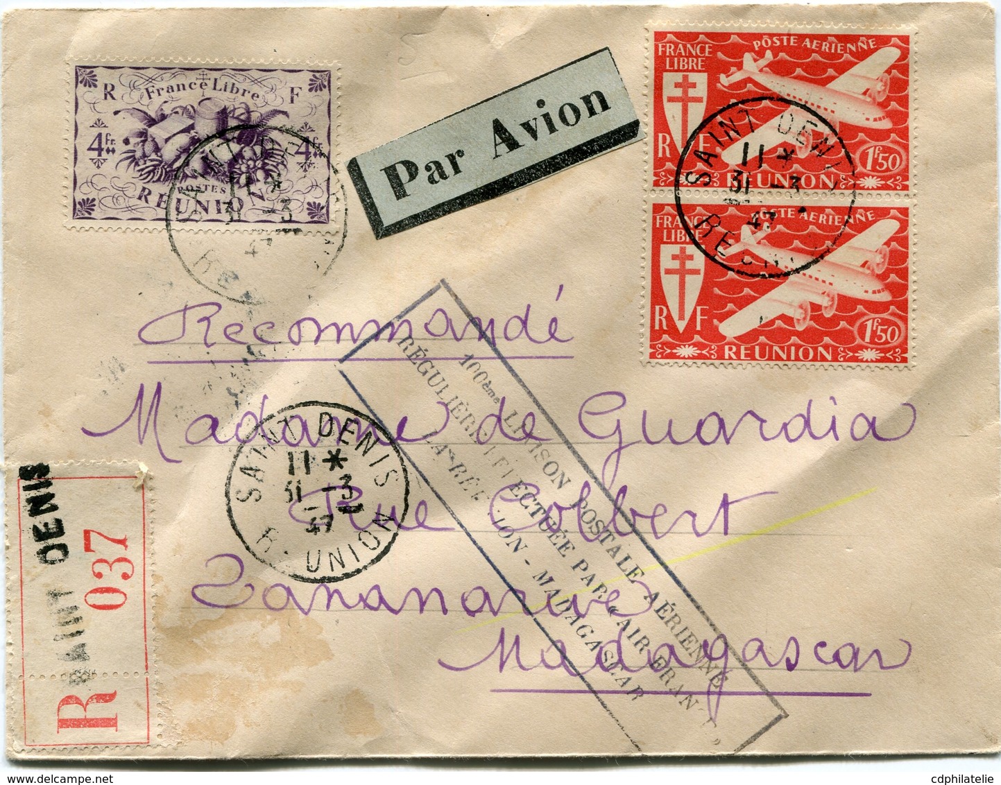 REUNION LETTRE RECOMMANDEE PAR AVION AVEC CACHET " 100eme LIAISON......REUNION - MADAGASCAR " DEPART SAINT DENIS 31-3-47 - Covers & Documents