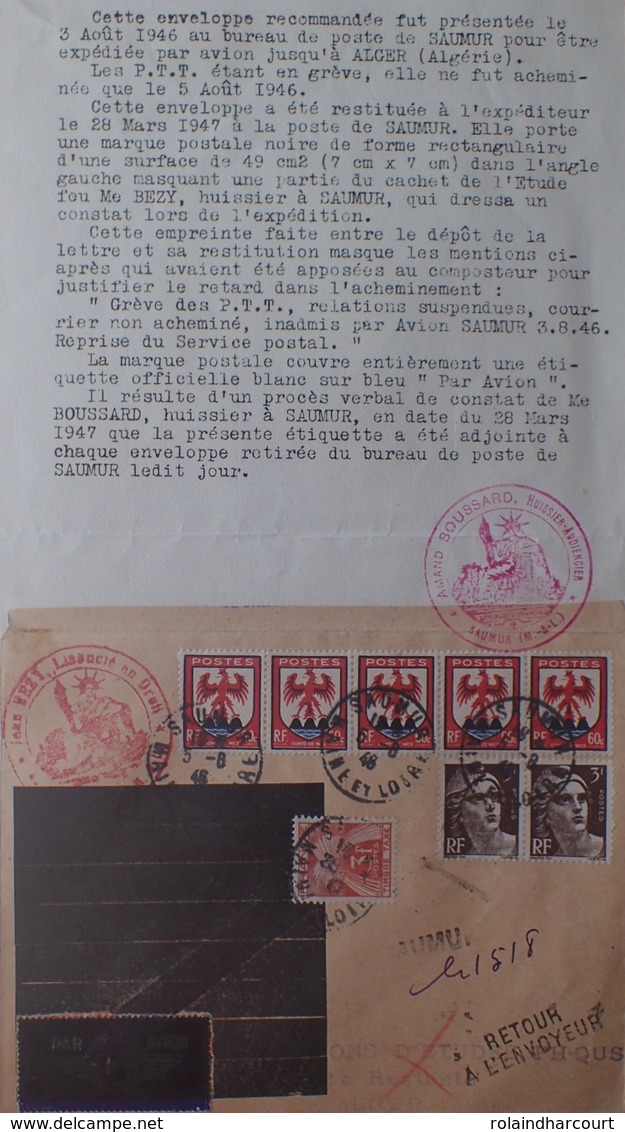 R1949/2126 - RARE ✉️ LETTRE RECOMMANDEE / GREVE DES PTT / SAUMUR 5.8.1946 à ALGER 8.8.1946 Et RETOUR - Other & Unclassified