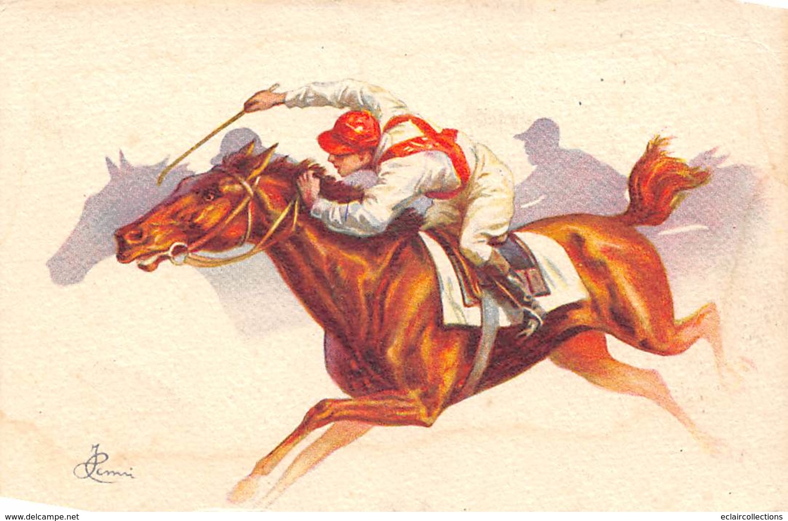 Sport.   Hippisme :      Carte Dessinée  Jockey Et Son Cheval Au Galop Illustrateur Italien    (voir Scan) - Hippisme