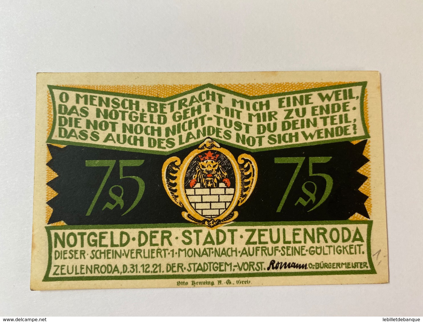 Allemagne Notgeld Zeulenroda 75 Pfennig - Verzamelingen