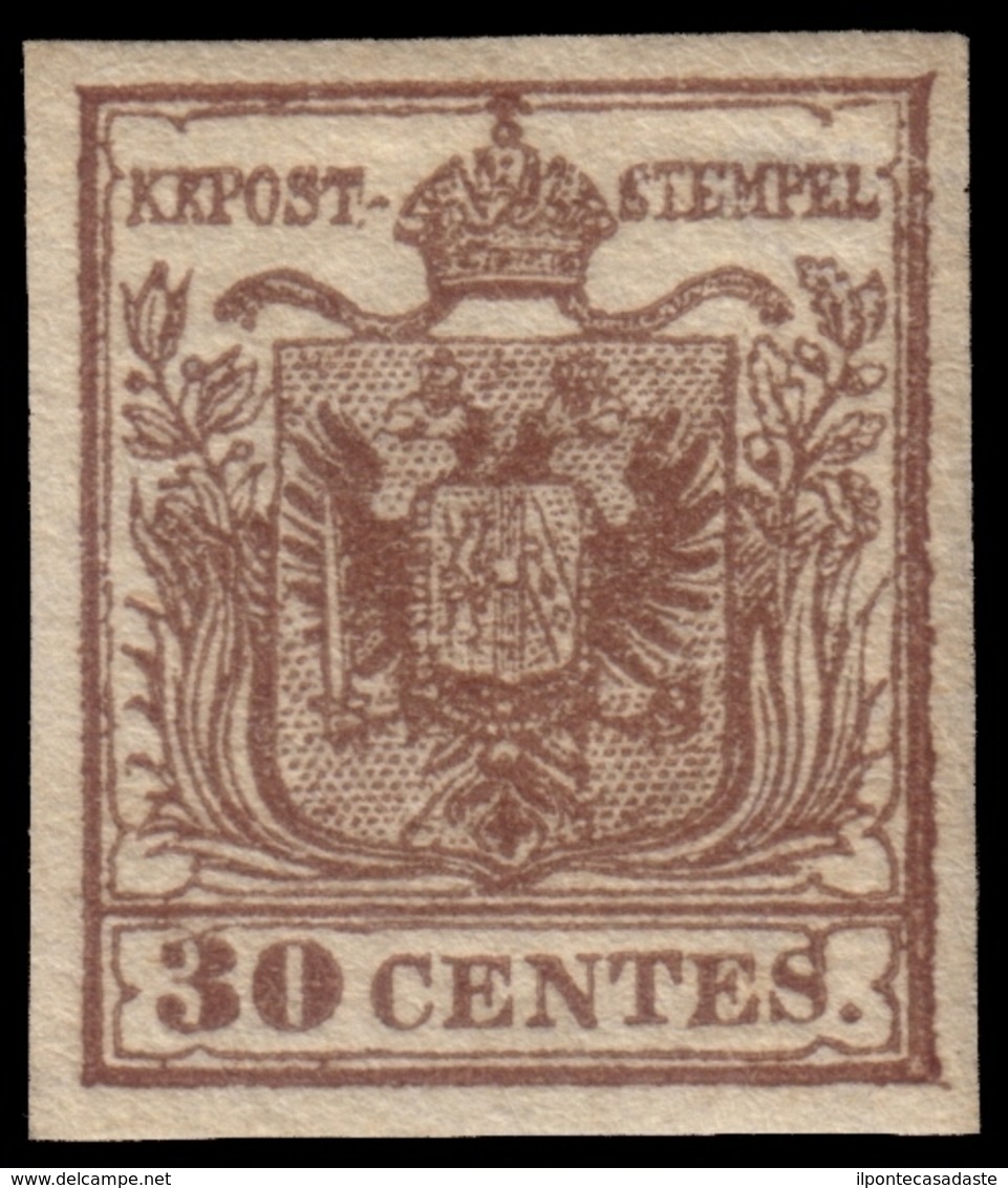 MH ) LOMBARDO-VENETO 1854/1857 | 30c. Bruno Scuro II Tipo, Carta A Mano Con Frammenti Di Filigrana | Pro - Lombardo-Vénétie