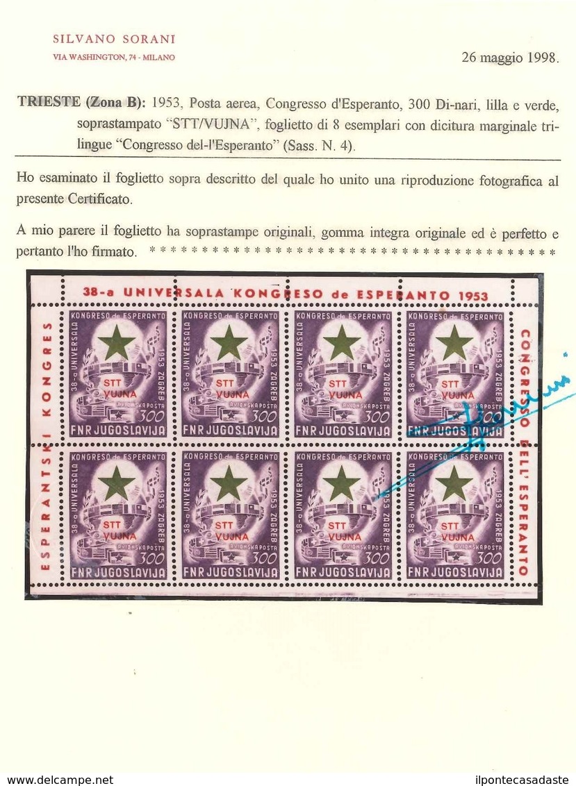 MNH ) TRIESTE B 1953 | Foglietto Posta Aerea. 300d. Lilla E Verde "Esperanto" Soprastampato "STT / VUJNA" - Mint/hinged