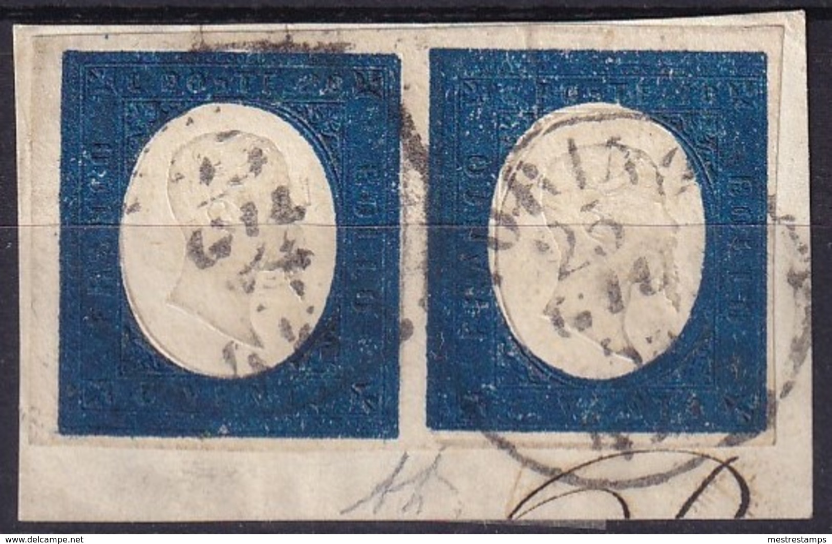 SARDEGNA 1854 20 Cent. Azzurro (8) Coppia Perfetta, Usata, Su Piccolo Frammento. - Sardaigne