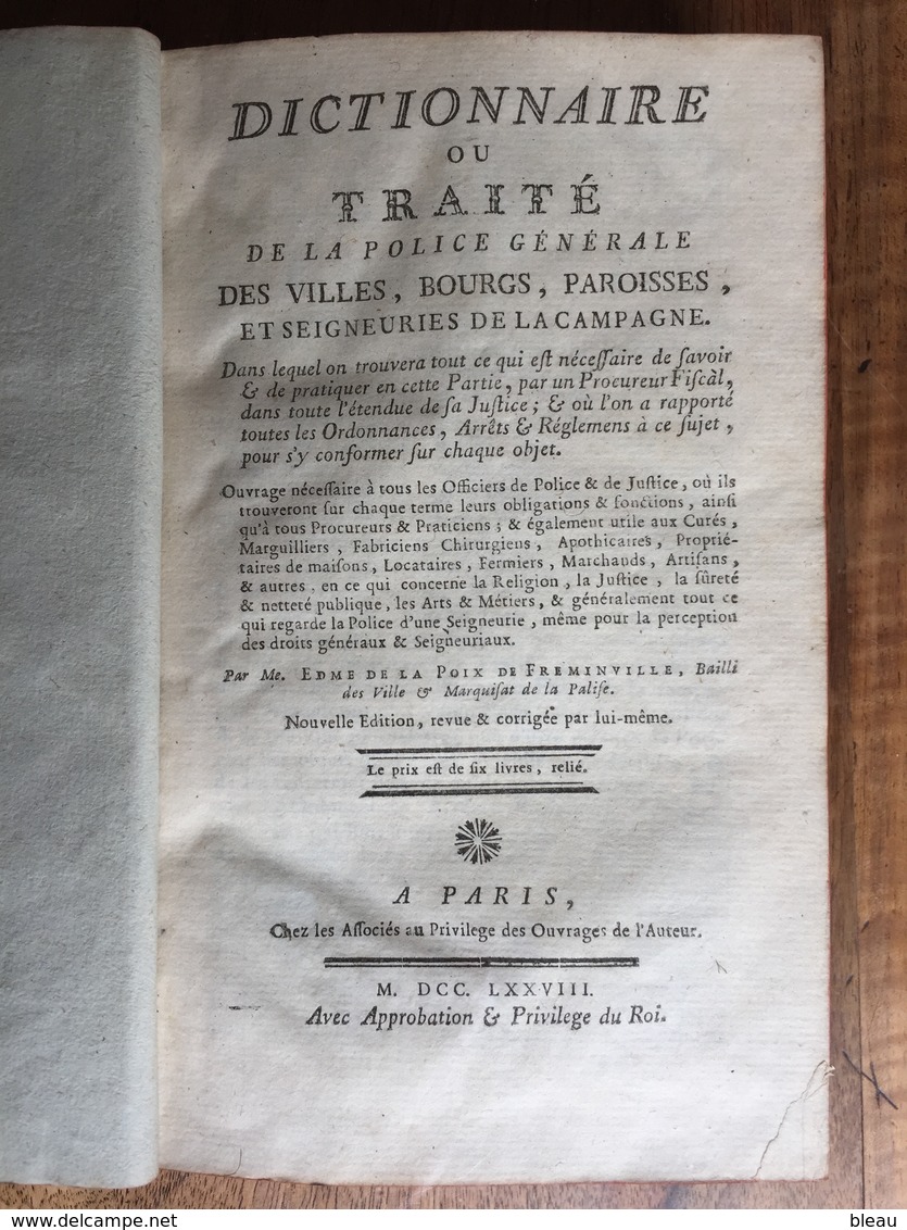 (Police Et Vie Sociale) Edme De La POIX De FREMINVILLE : Traité De La Police Générale Des Villes, 1778. - 1701-1800