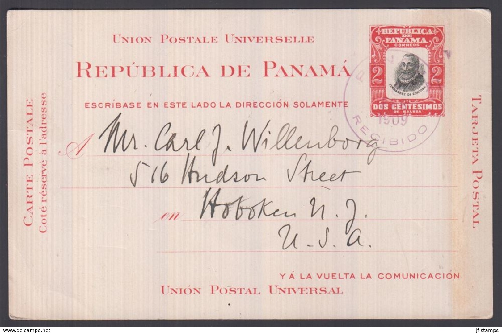 1909. PANAMA. CARTE POSTALE 2 DOS CENTISIMOS DE BALBOA. To Hoboken, N.J. USA From PAN... () - JF362168 - Panamá