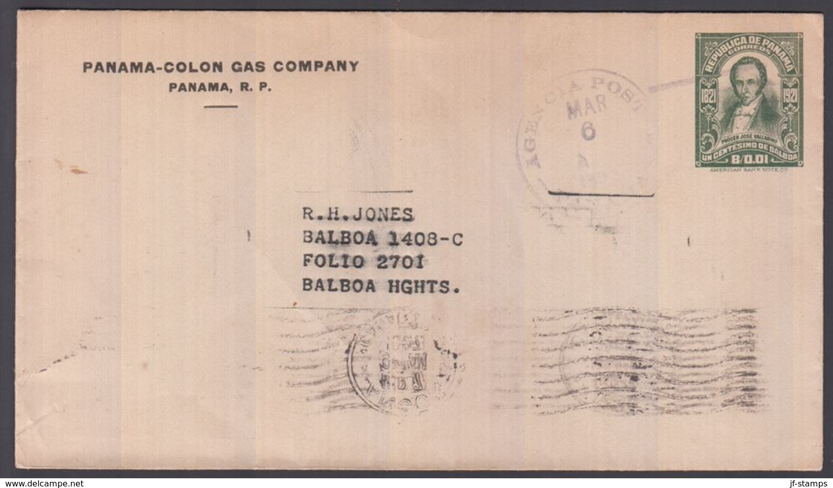 1927. PANAMA. Envelope  B/0.01 UN CENTISIMO DE BALBOA. To BALBOA HGTS. Arrival Cancel... () - JF362170 - Panamá