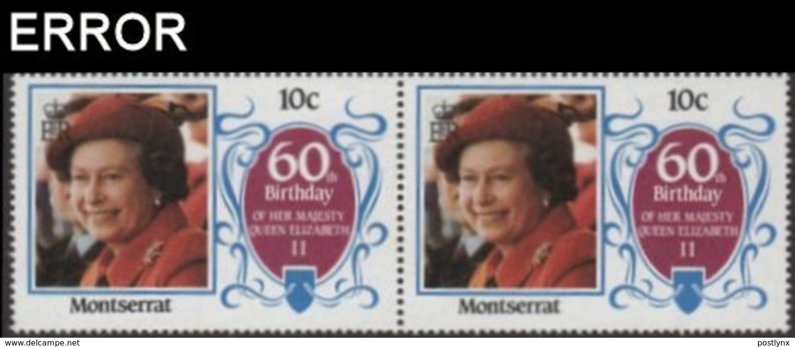 MONTSERRAT 1986 EII 60th Birthday 10c NO.WMK.HORIZ.PAIR ERROR:no Background Colour - Montserrat