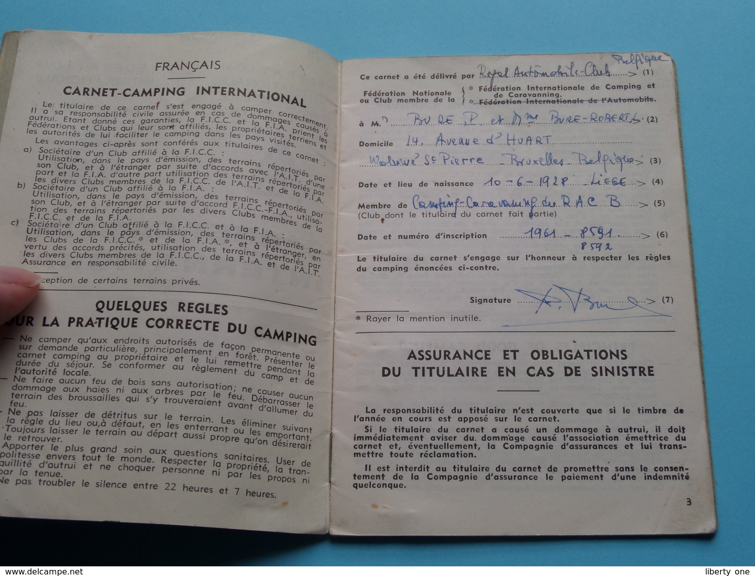 CARNET-CAMPING International - N° 719636 ( Bure 1928 Bruxelles > Royal Automobile Club De Belgique 1961 ) Voir Photo ! - Wohnwagen