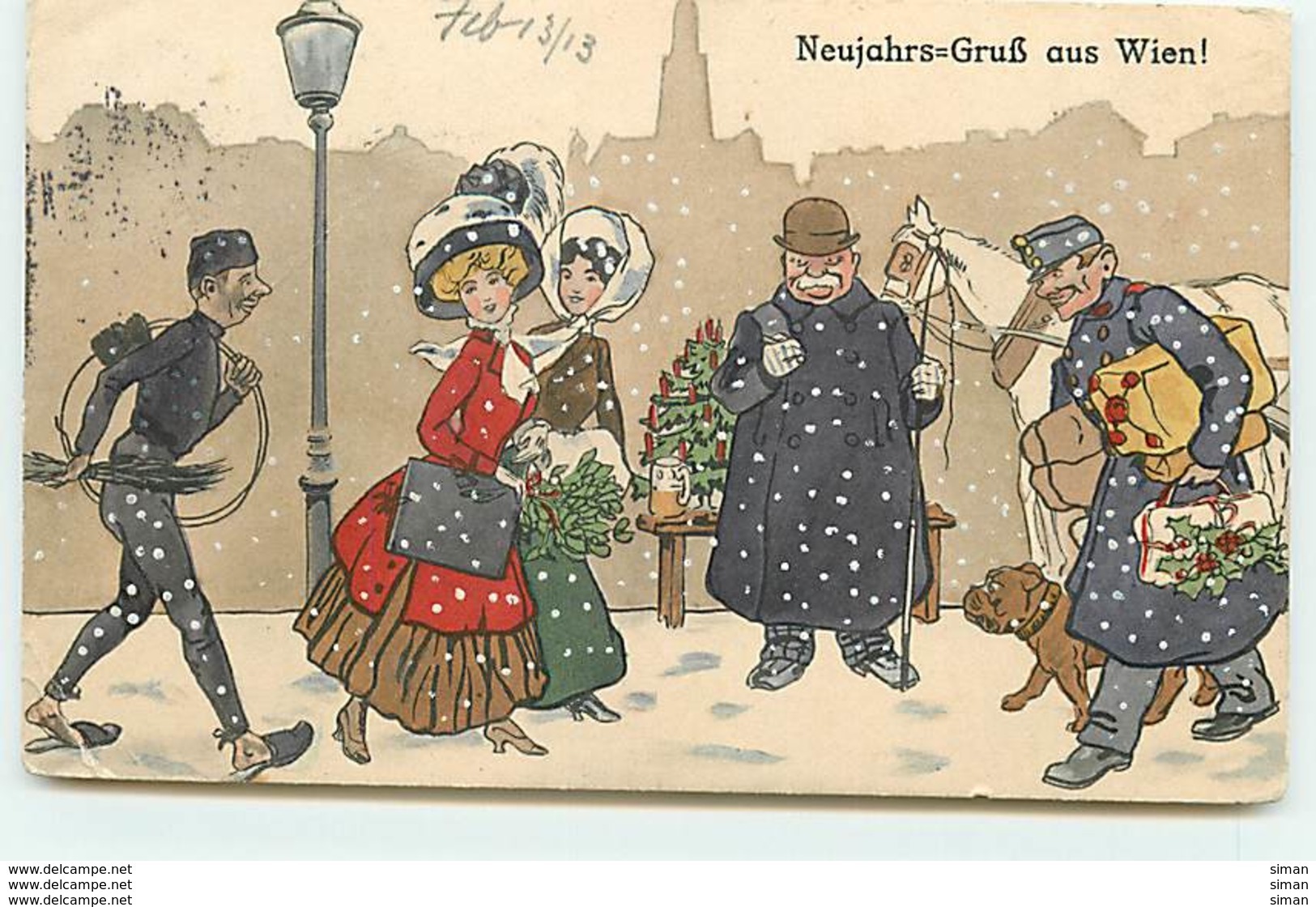 N°12979 - Neujahrs Gruss Aus Wien - Personnes Sous La Neige - Bouledogue - Nouvel An