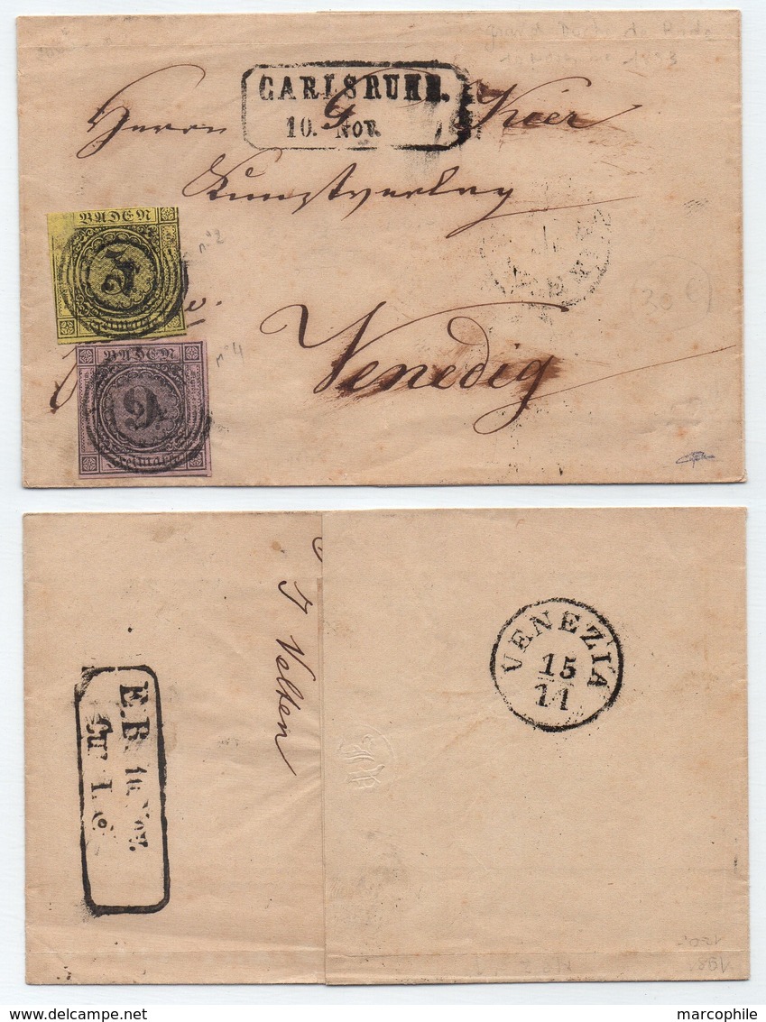 BADEN - BADE - KARLSRUHE / 1853 - Mi # 2 & 4  AUF FALTBRIEF NACH VENEDIG - VENISE (ref 5599) - Otros & Sin Clasificación