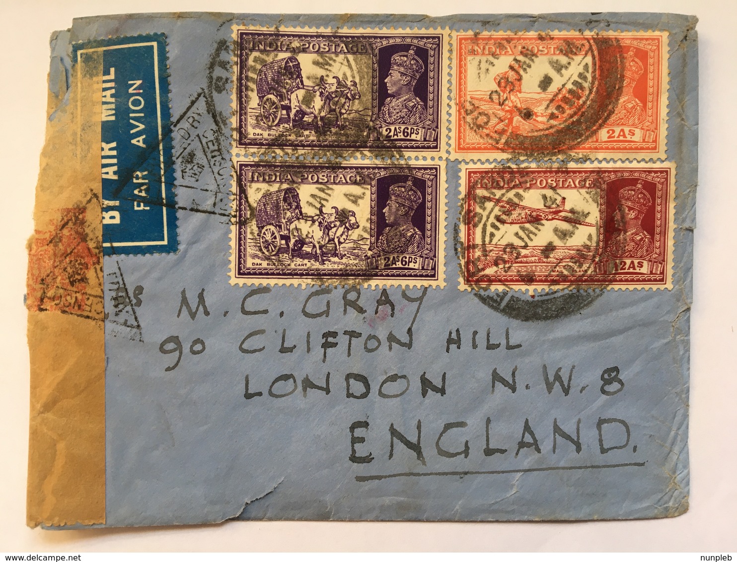 INDIA George VI 1941 Multi-stamped Cover Front And Rear Air Mail To England With Censor Tape And Marks - 1936-47 King George VI