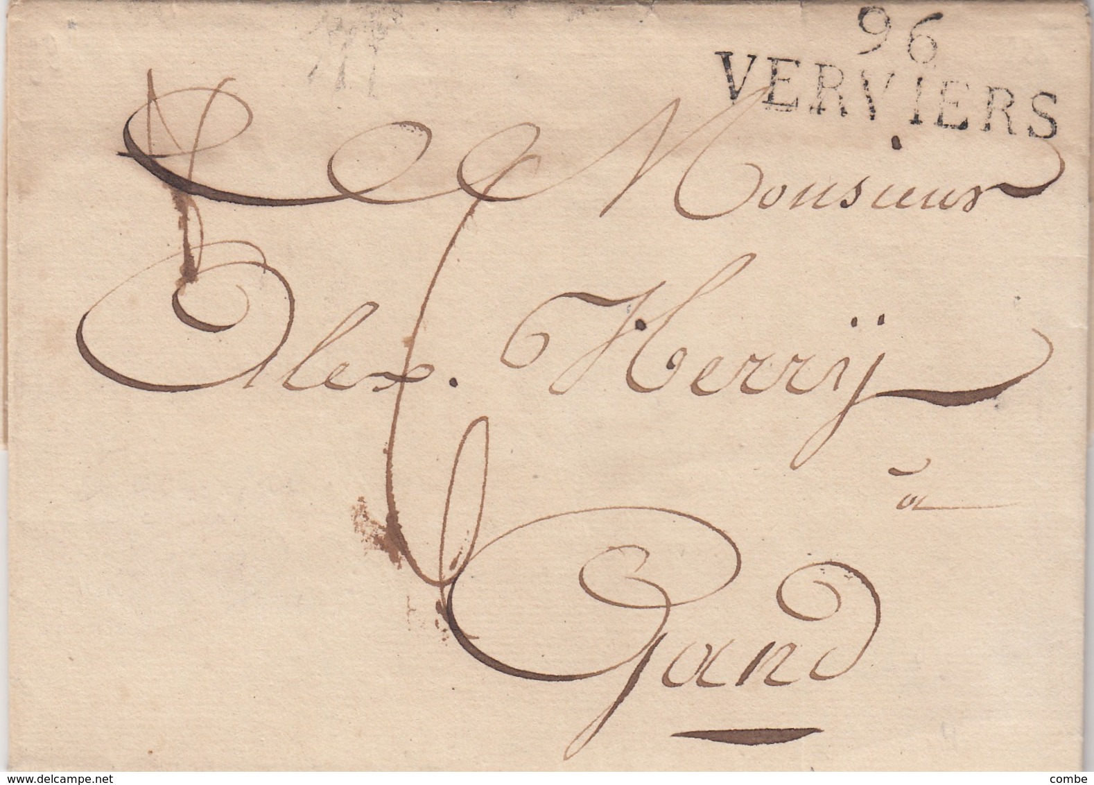 LETTRE. L'OURTHE. 96/VERVIERS (39mm). 7 SEPT 1814. JEAN-MATHIEU DEJOYE POUR ALEX HERRY GAND. TAXE PLUME 6 - 1794-1814 (Période Française)