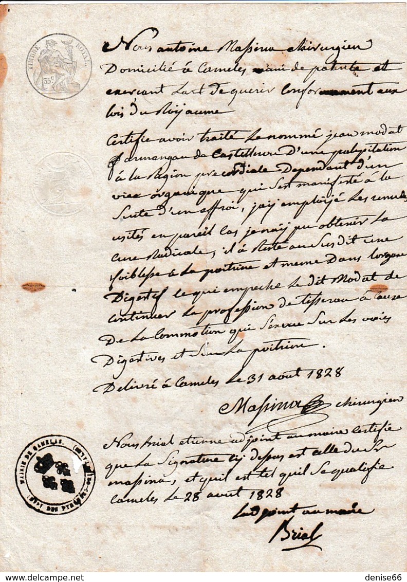 1828 CAMELAS (66) Certificat Médical D'Antoine MASSENA, Chirurgien Exercant L'ART DE GUERIR Conformément Aux Lois Du Roy - Documents Historiques