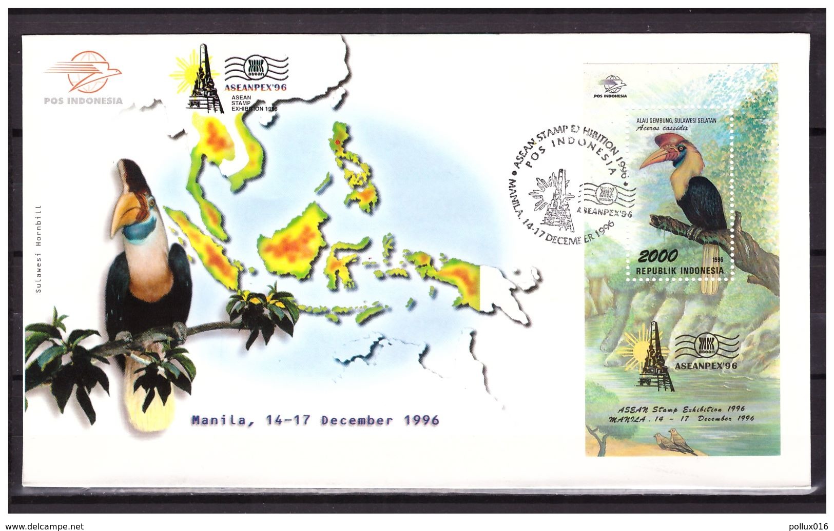 Indonesia 1996 FDC Bird Map Stamp Exhibition Manila S/S - Indonesia