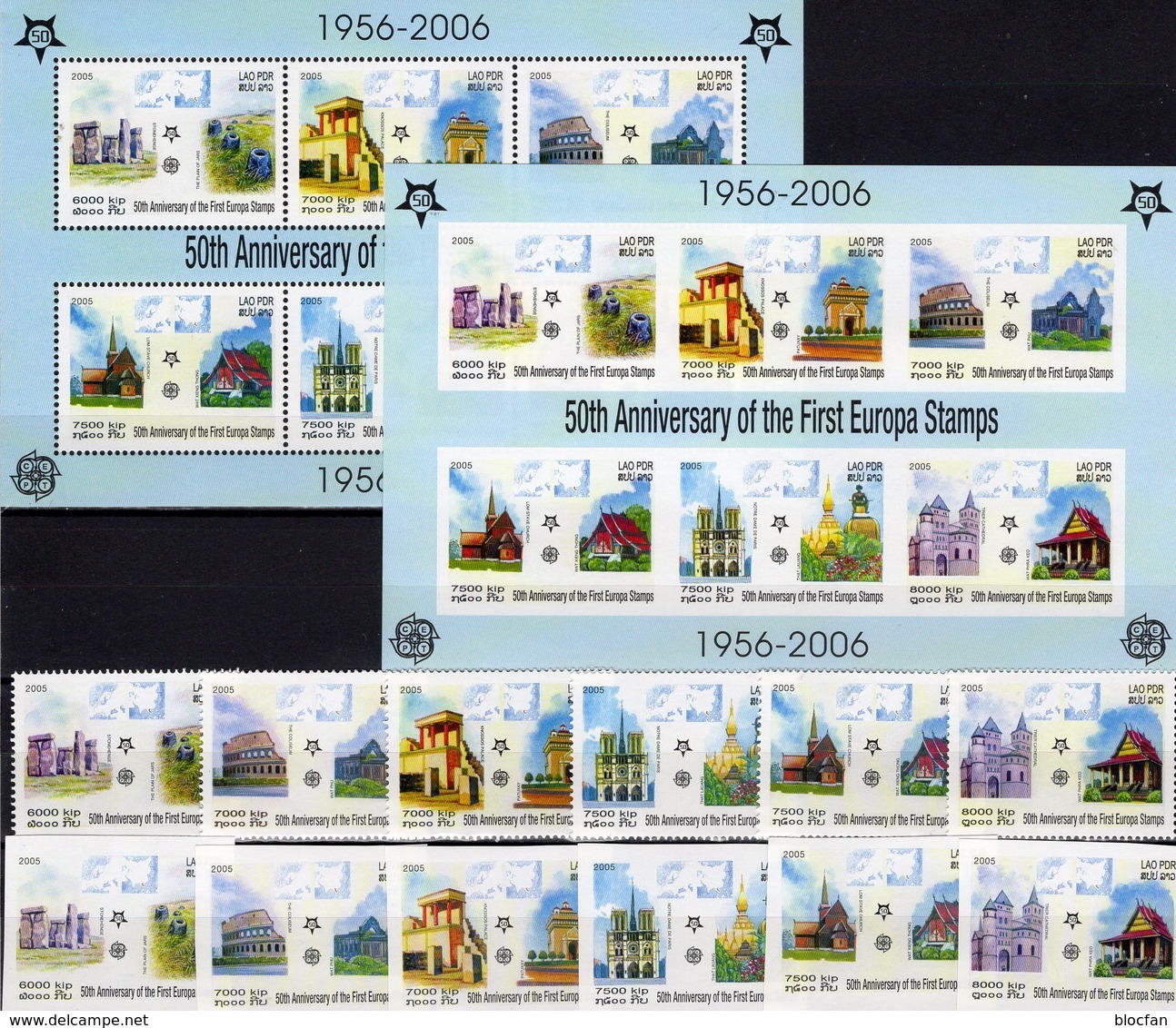 EUROPA 2005 Laos 1973/8+Block 194A/B ** 129€ Ss Art Blocs Sheets Bf Architectur Stonehenge Kolosseum Notre-Dame - Laos