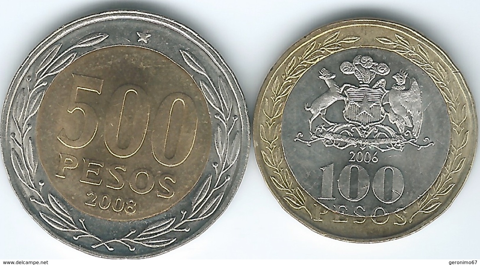 Chile - 2006 - 100 Pesos (KM236) & 2008 - 500 Pesos (KM235) - Cile