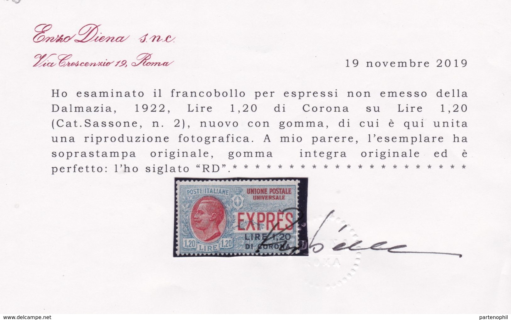 Dalmazia - 432 ** 1922 - Espresso L. 1,20 F.llo D’Italia Soprastampati N. E2. Cert. E. Diena. Cat. € 1000,00. SPL - Dalmatie