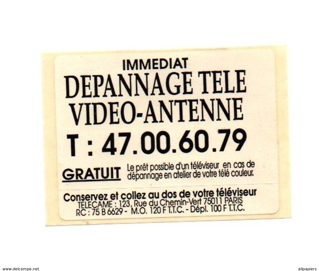 Autocollant Immédiat Dépannage Télé Vidéo-antenne Paris - Format : 8.5x6 Cm - Aufkleber