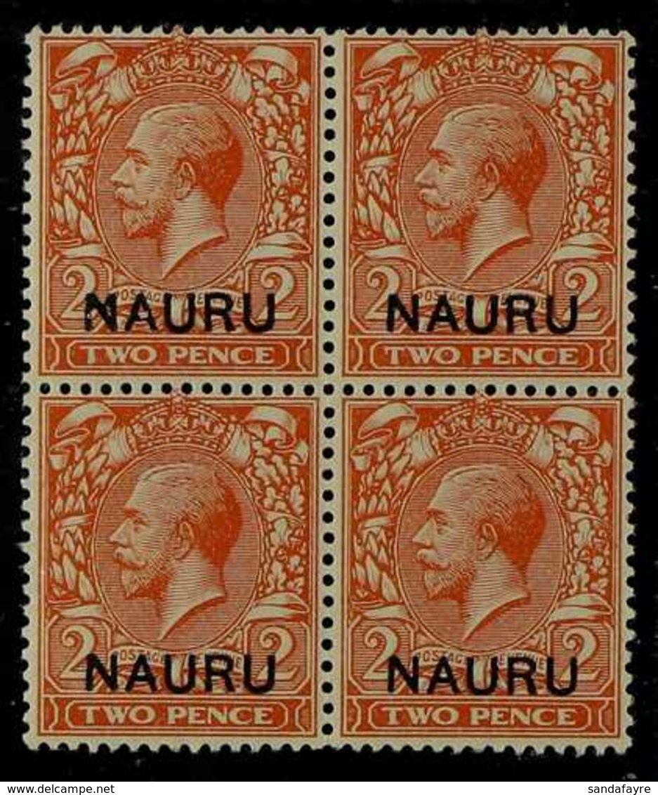 1916 2d Orange Die I, Variety "Wmk Inverted And Reversed", SG 4y, Superb Never Hinged Mint Block Of 4 . For More Images, - Nauru