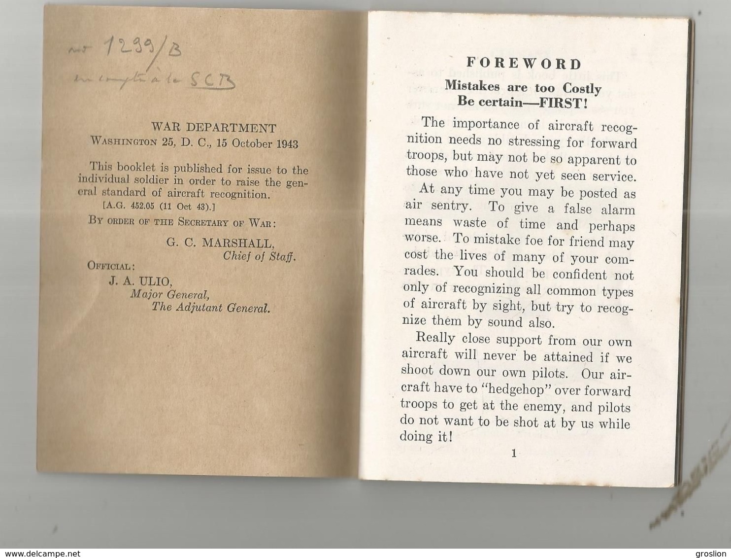 AIRCRAFT RECOGNITION GUIDE WAR DEPARTMENT 1943 FOR US SOLDIERS.LIVRET 1943 POUR SOLDATS U S DE RECONNAISSANCE AVIONS - US Army