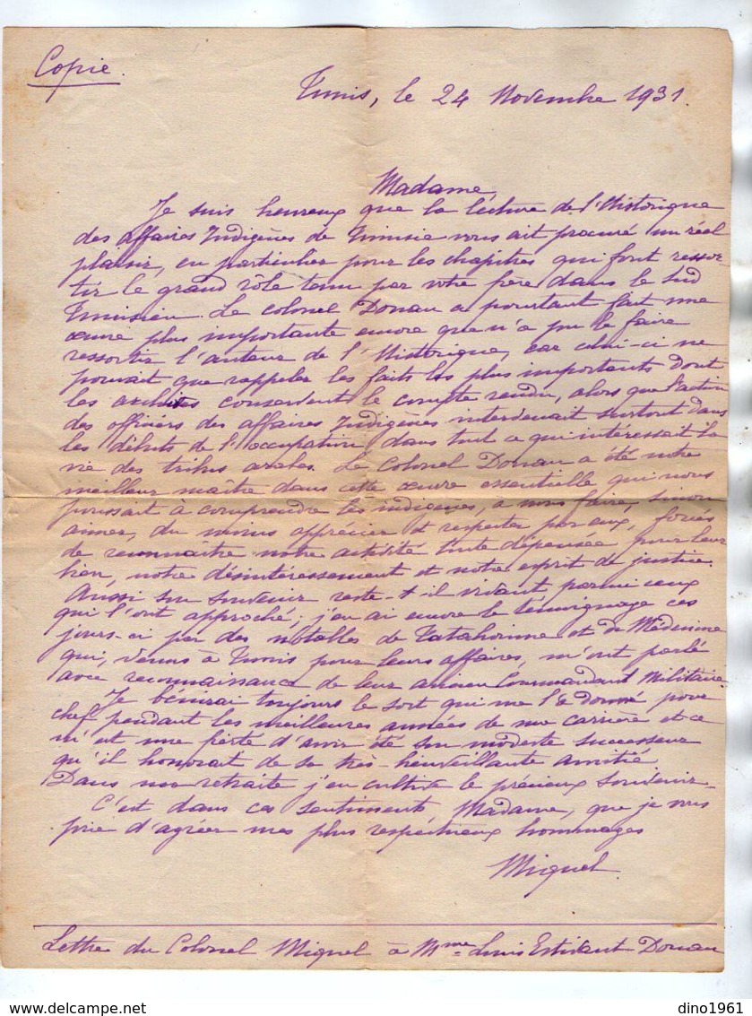 VP17.162 - MILITARIA - Copie D'une Lettre Du Colonel MIQUEL à TUNIS Pour Mme Louis ESTIVANT - Documents