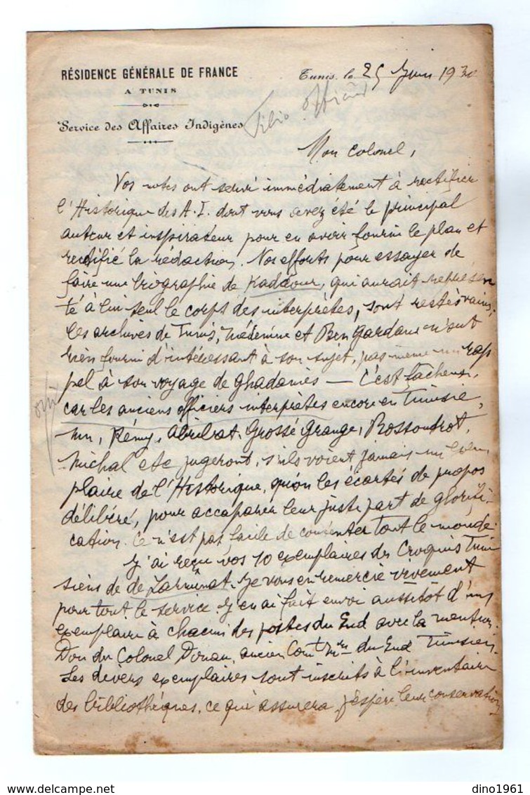 VP17.163 - MILITARIA - Lettre Du Colonel MIQUEL Chef Du Service Des Affaires Indigènes à TUNIS ( Tunisie ) - Dokumente