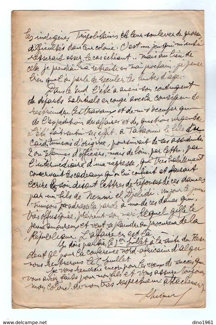 VP17.163 - MILITARIA - Lettre Du Colonel MIQUEL Chef Du Service Des Affaires Indigènes à TUNIS ( Tunisie ) - Documents