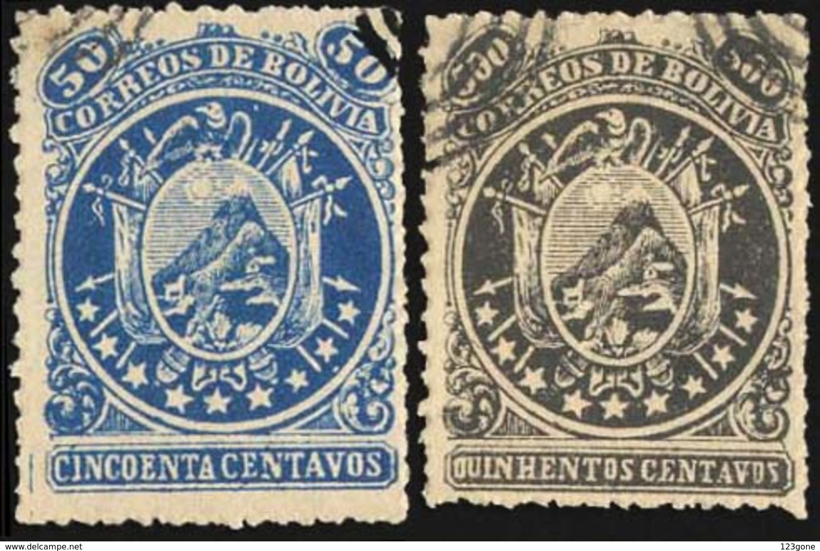 123gone. BOLIVIA. 9st. 50c. + 500c. Forgeries (XIX). Scarce.. FALSOS. FAKES. FORGERIES Occasion! - Bolivia