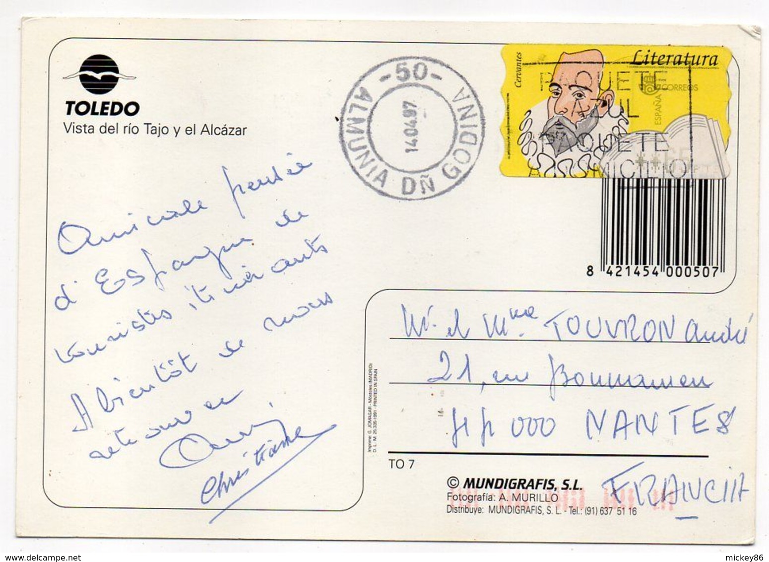 Espagne -- 1997--carte Postale De Toledo Pour Nantes-44 (France)-vignette +cachet ALMUNIA DN GODINA............à Saisir - Covers & Documents