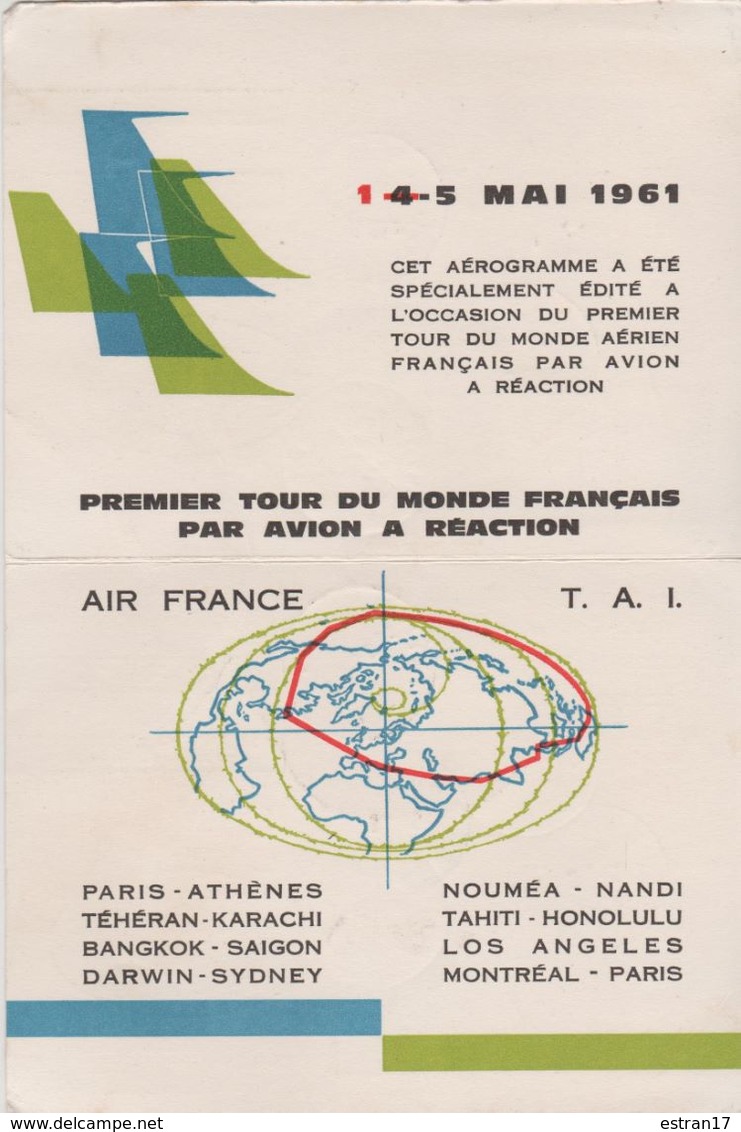 PREMIER TOUR DU MONDE FRANCAIS PAR AVION A REACTION OBLITERATIONS PARIS 1 5 1961  PAPETE 3 5 1961 - Tahití