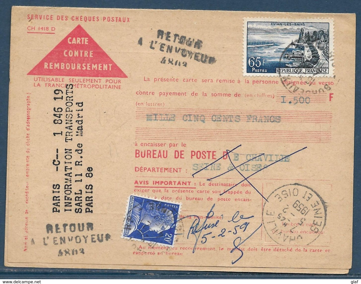 Retour à L’envoyeur à Numéro : 4803 (Chaville – Seine-et-Oise) Sur Carte Postale Remboursement Affr. 65 F Evian Et 20 F - Manual Postmarks