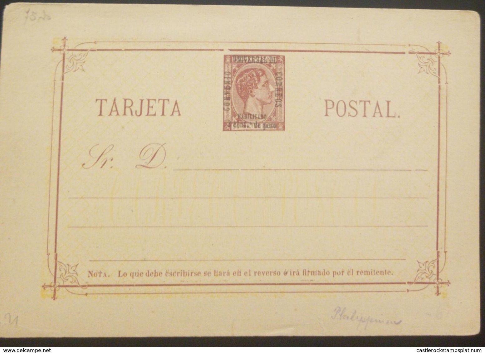 O) 1879 PHILIPPINES, KING ALFONSO XII, CONVENIO UNIVERSAL DE CORREOS,  HABILITADO 3cs, SCADTA FRANCHISE POSTAL - Philippines