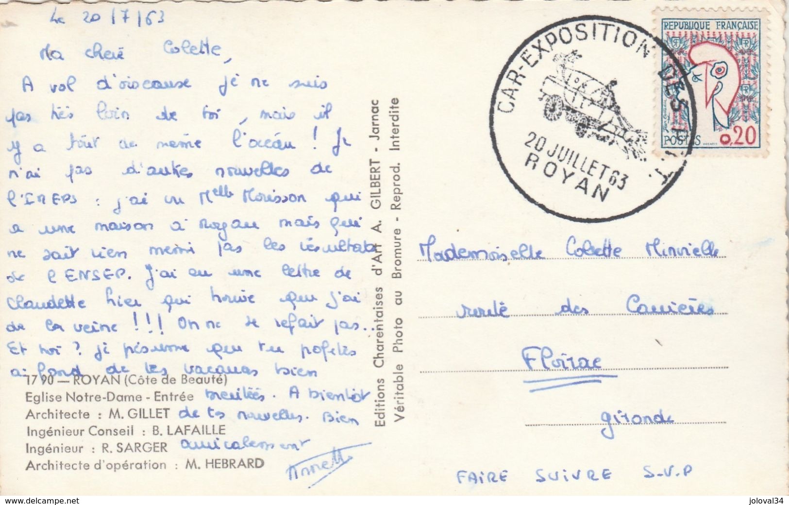 Yvert 1282 Cocteau Cachet Car Exposition PTT ROYAN 1963 Carte Postale Eglise Notre Dame Voiture Renault 4 CV - 1961-....