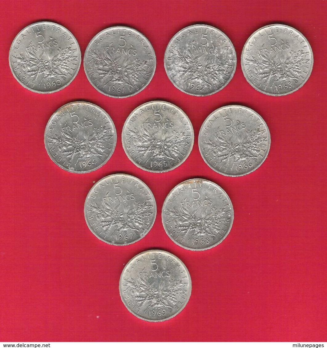 Monnaie Française Semeuse 5 Francs Argent Lot De 10 Pièces Millésimes Complet 1960 à 1969 En TTB Qques SUP - Andere & Zonder Classificatie