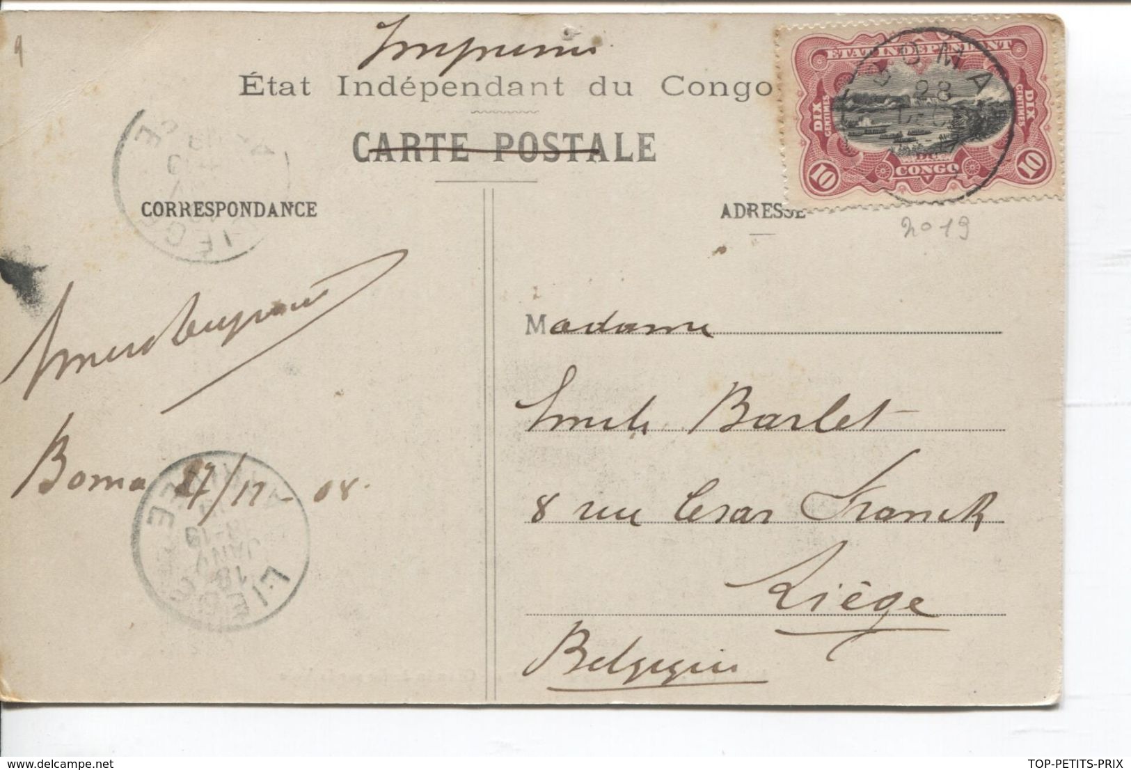 REF1330/ TP 19 Mols S/CP Matadi Travailleurs Cie Du Chemin De Fer C.Boma 1908 > Liège C.d'arrivée - Brieven En Documenten