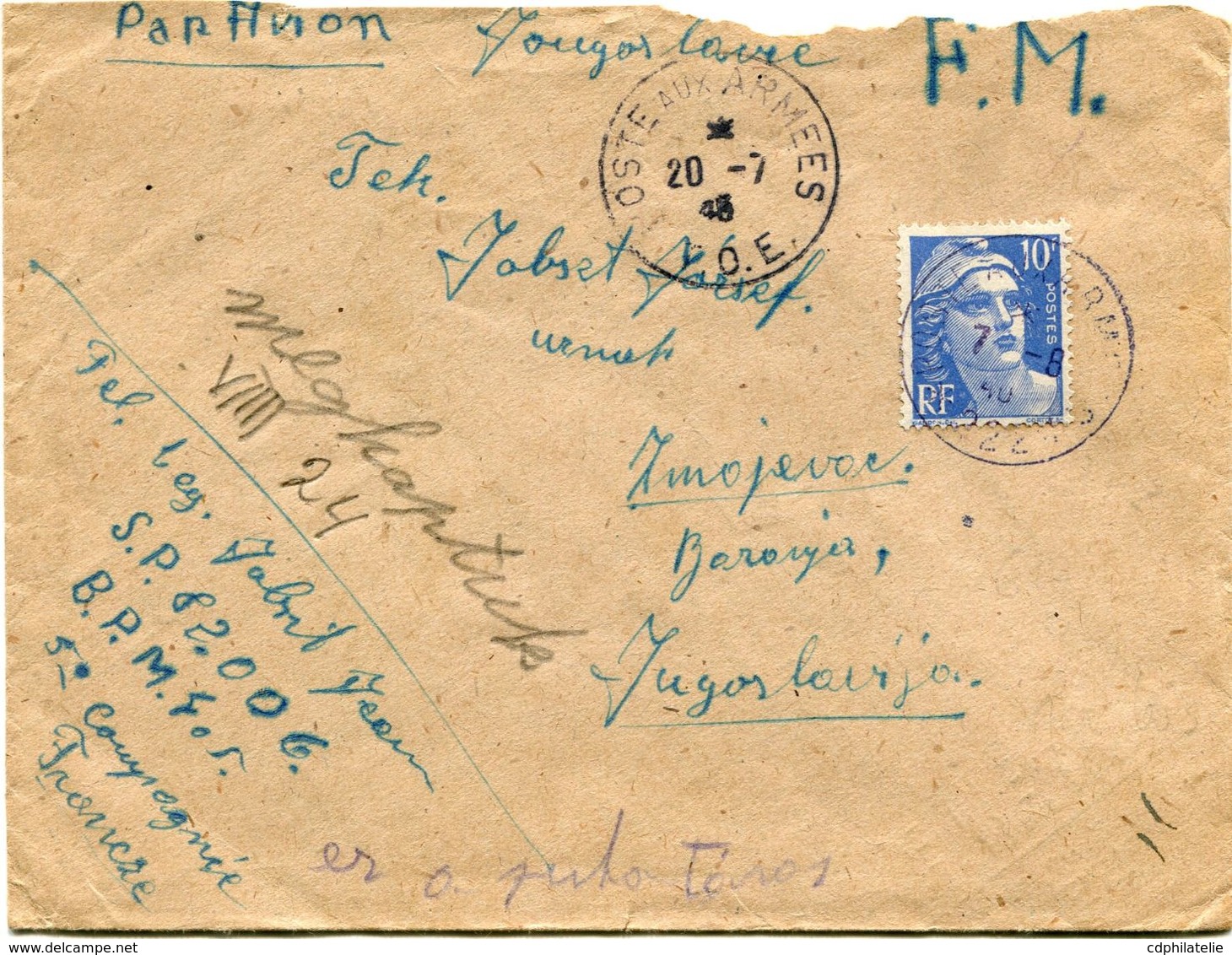 FRANCE LETTRE PAR AVION AVEC CACHET POSTE AUX ARMEES 20-7-4? T. O. E  + CACHET............POUR LA YOUGOSLAVIE - 1945-54 Marianne Of Gandon