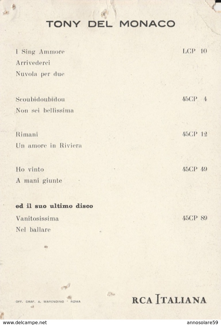 I SUCCESSI DI  *TONY DEL MONACO* FOTOCARTOLINA, RCA ITALIANA - LEGGI - Photos