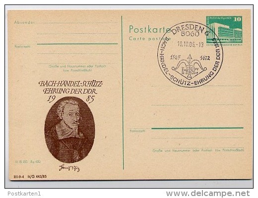 DDR P84-32b-85 C127-b Postkarte Zudruck BACH-HÄNDEL-SCHÜTZ EHRUNG Dresden Sost. 1985 - Privé Postkaarten - Gebruikt