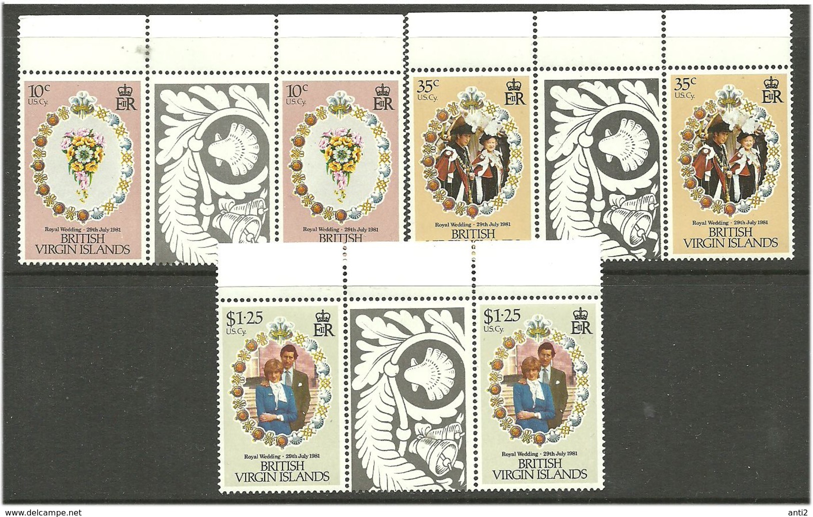 British Virgin Islands 1981 Royal Wedding, Mi 408-410 Gutter Pairs, MNH(**) - Britse Maagdeneilanden