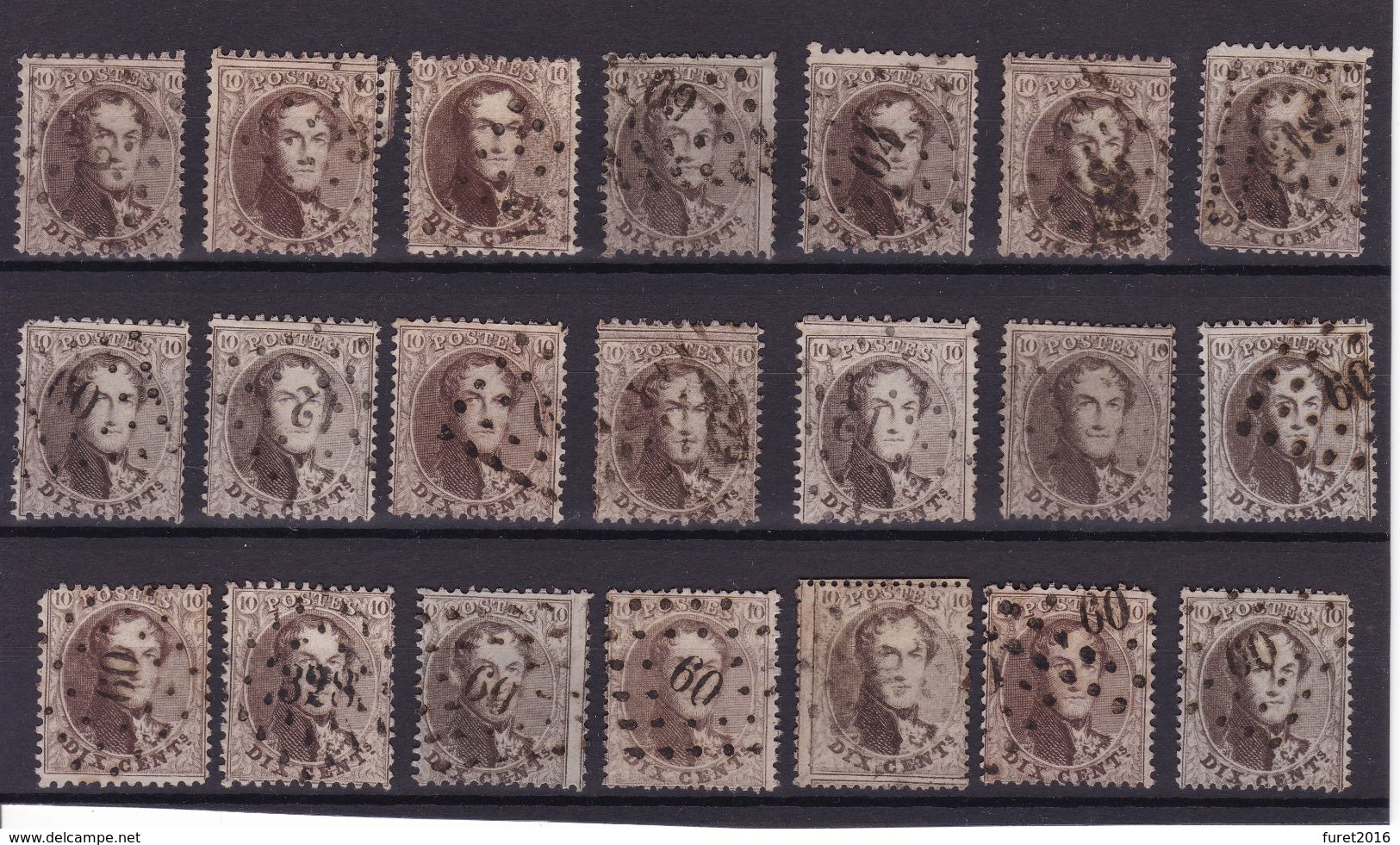 N° 14 : 21 Timbres Oblitérations Losange De Points Dentelures Diverses - 1863-1864 Medallions (13/16)