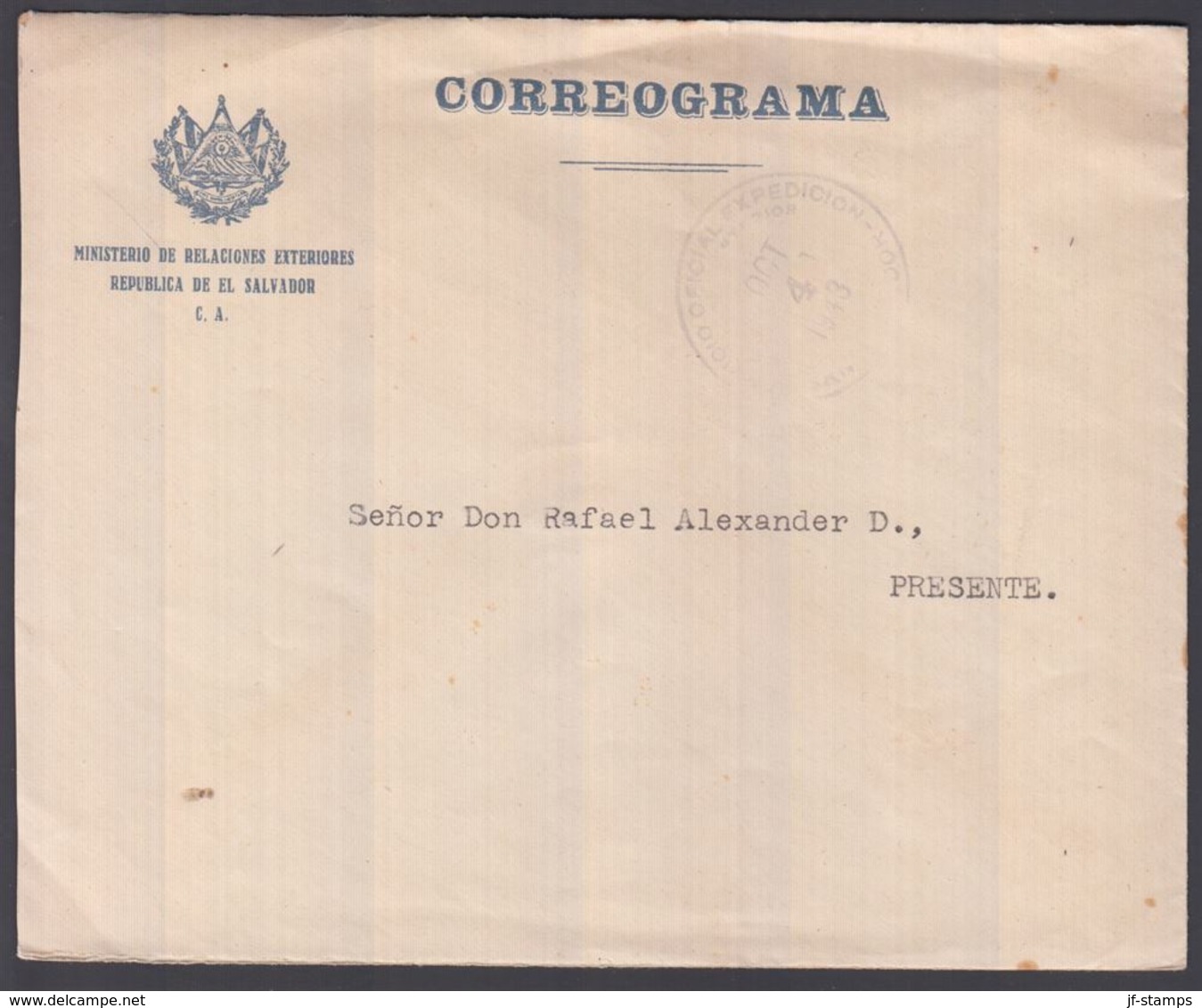 1943. EL SALVADOR.   OFICIAL Cover CORREOGRAMA. Locally From MINISTERIO DE RELACIONES... () - JF362202 - El Salvador