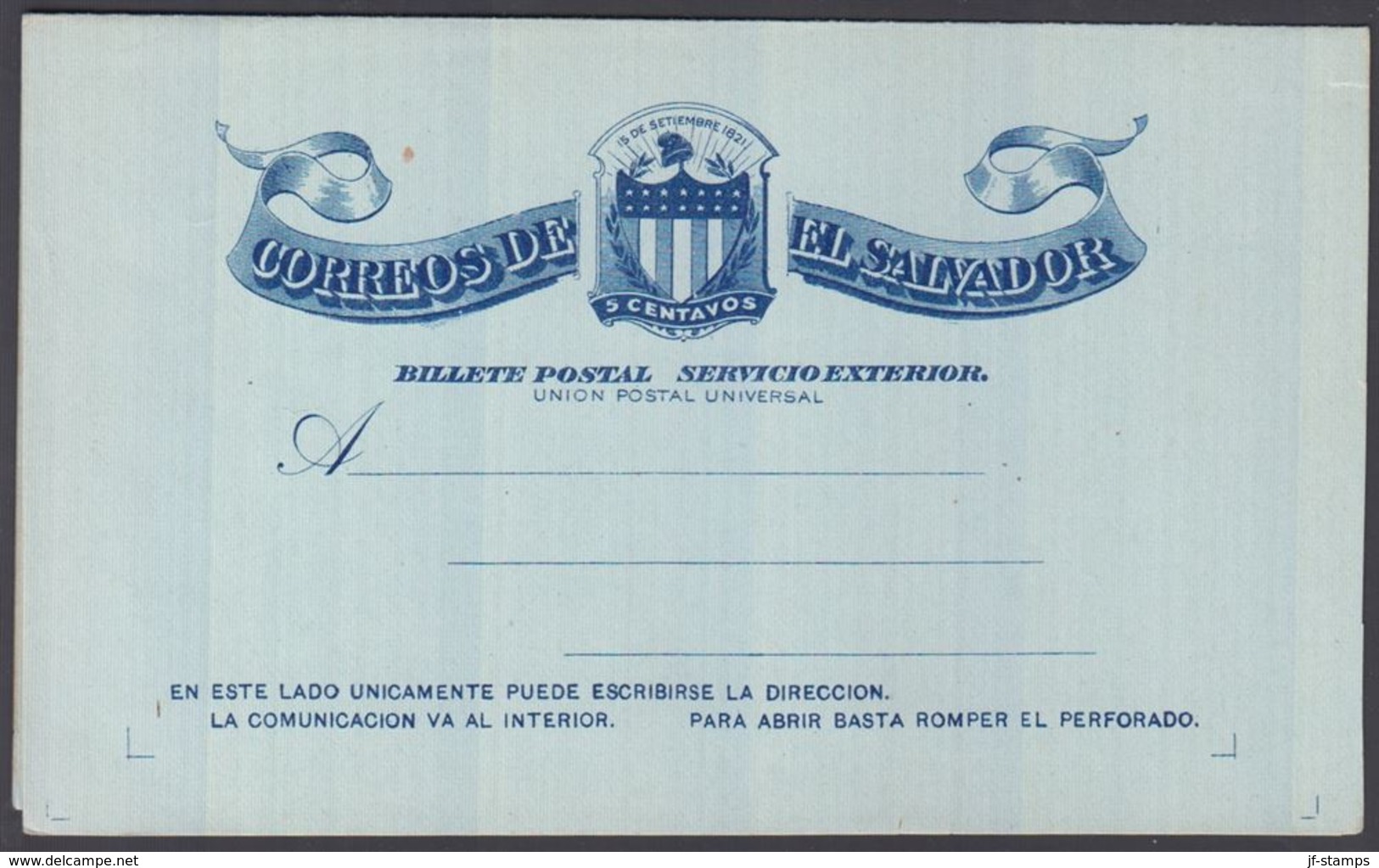 1896. EL SALVADOR.   BILLETE POSTAL SERVICIO INTERIOR  5 CENTAVOS CASA DE CORREOS DE ... () - JF362251 - El Salvador