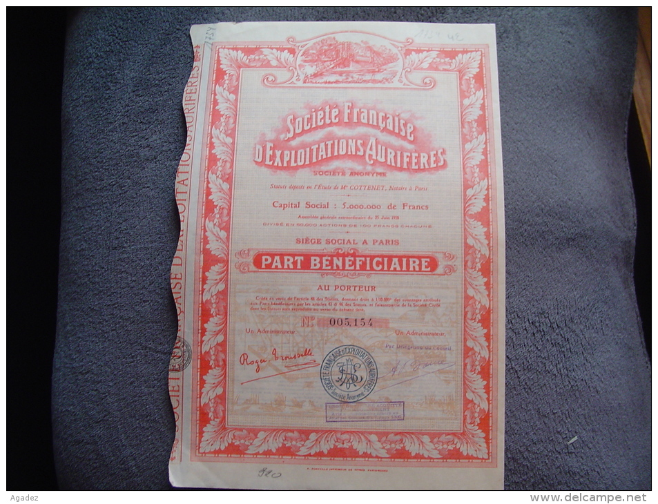 Part Beneficiaire"Sté Française D'exploitations Aurifères"Or Gold Paris 1928 Excellent état,avec Tous Les Coupons. - Mines